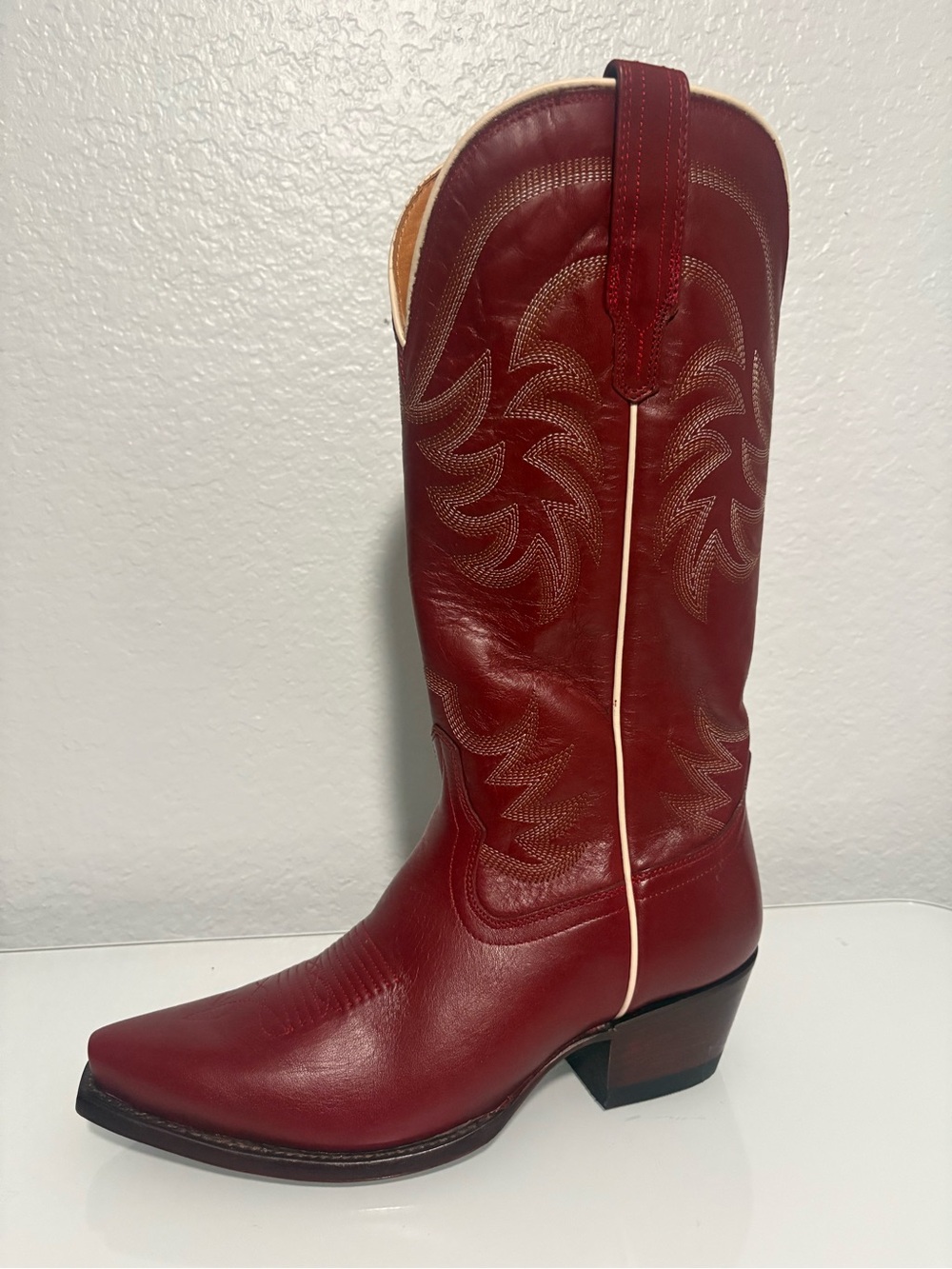 Tecovas Annie Scarlett red Leather Western Heeled Boot— single boot left foot
